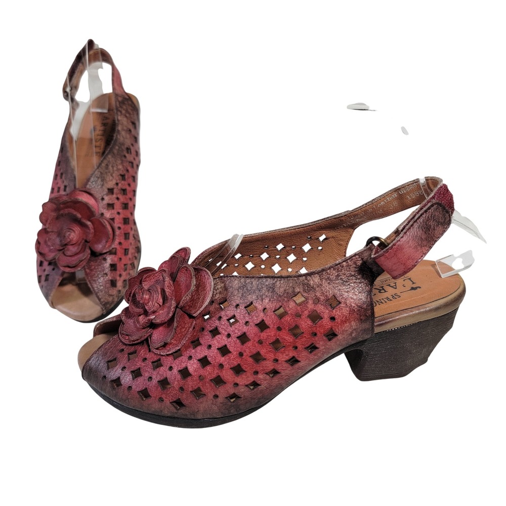 L'Artiste Spring Step Lovella Red Leather Floral Slingback Sandals Womens 38 EUC